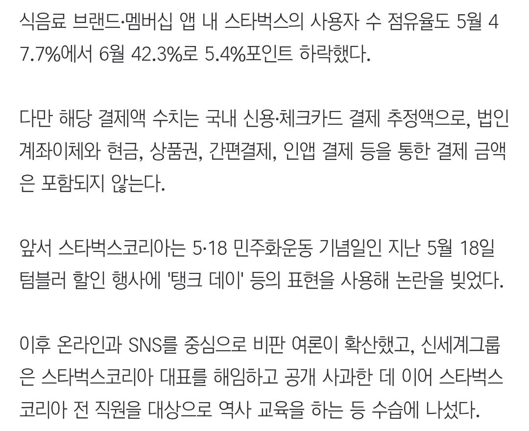스타벅스 결제액 한달새 200억 줄었다