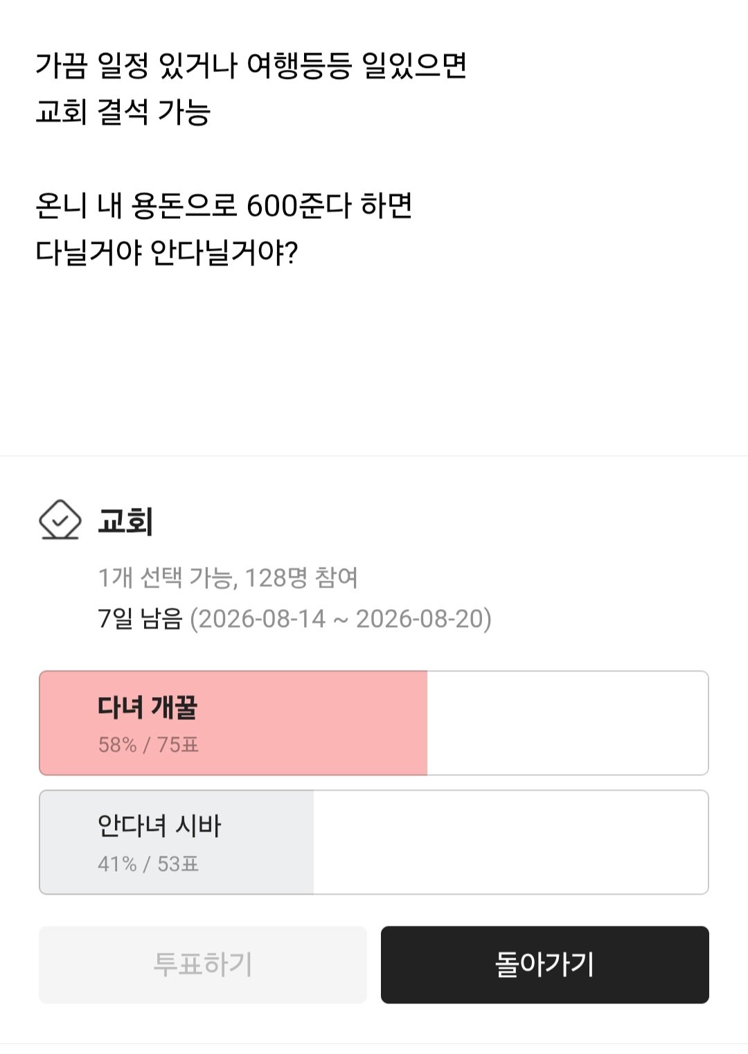 시모가 교회 다니면 한달 600 용돈 준다 하면 다닌다 안다닌다?