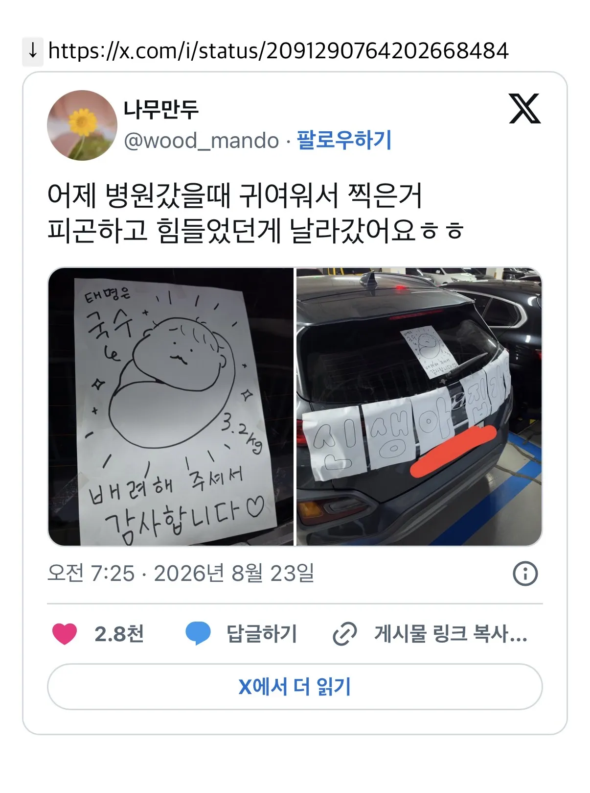 병원갔다가 집가는 신생아 차 봄