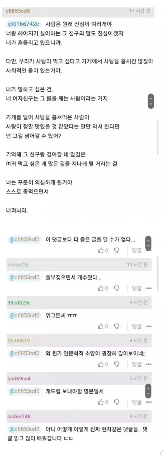 애인이 바람피웠다는 글에 달린 현자 댓글
