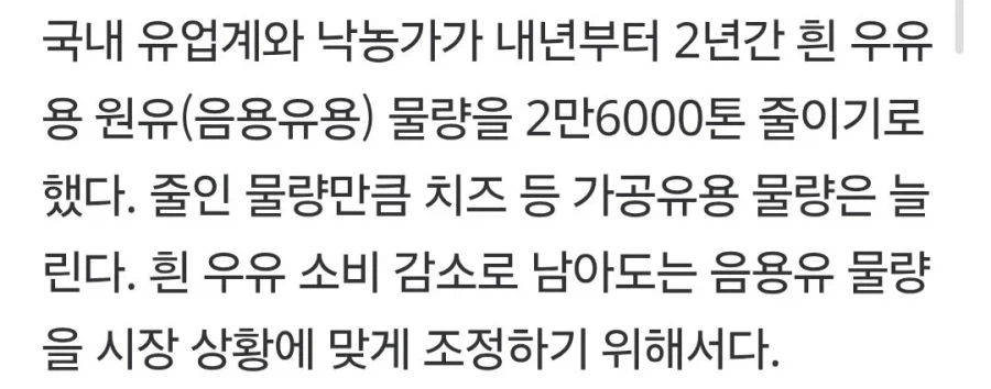 [단독]"흰 우유 남아돌아" 원유 2.6만톤 줄인다...물량 협상 타결.news