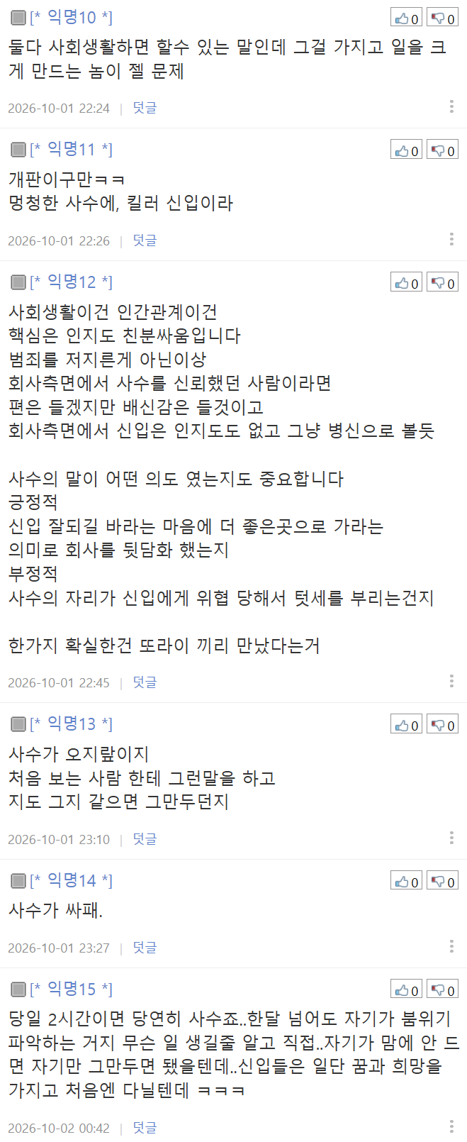 (펌) 입사 2시간 만에 퇴사 권유한 사수 vs 회식자리에서 그거 다 말한 신입, 누구 잘못인가요?