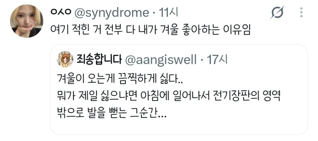 겨울이 오는게 끔찍하게 싫다...twt