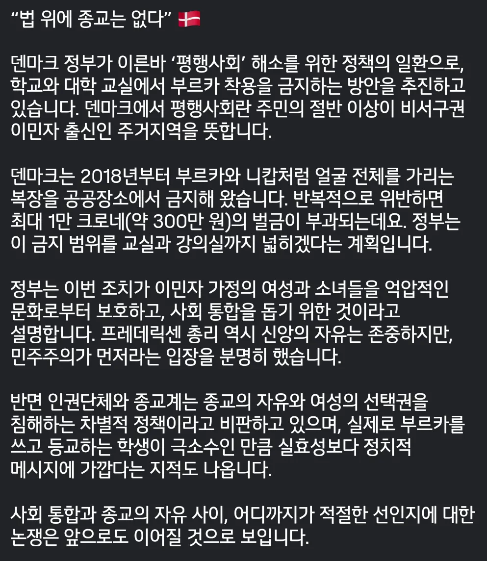 덴마크 "법 위에 종교 없다"  학교도 부르카 금지