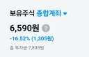 주식) 수익률 -16.5% 총 1300 손실...
