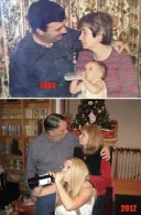 옛날과 같은 구도로 찍은 가족 사진