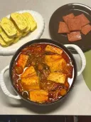 "맛있는 아침밥, 김치찌개와 계란말이, 스팸구이"